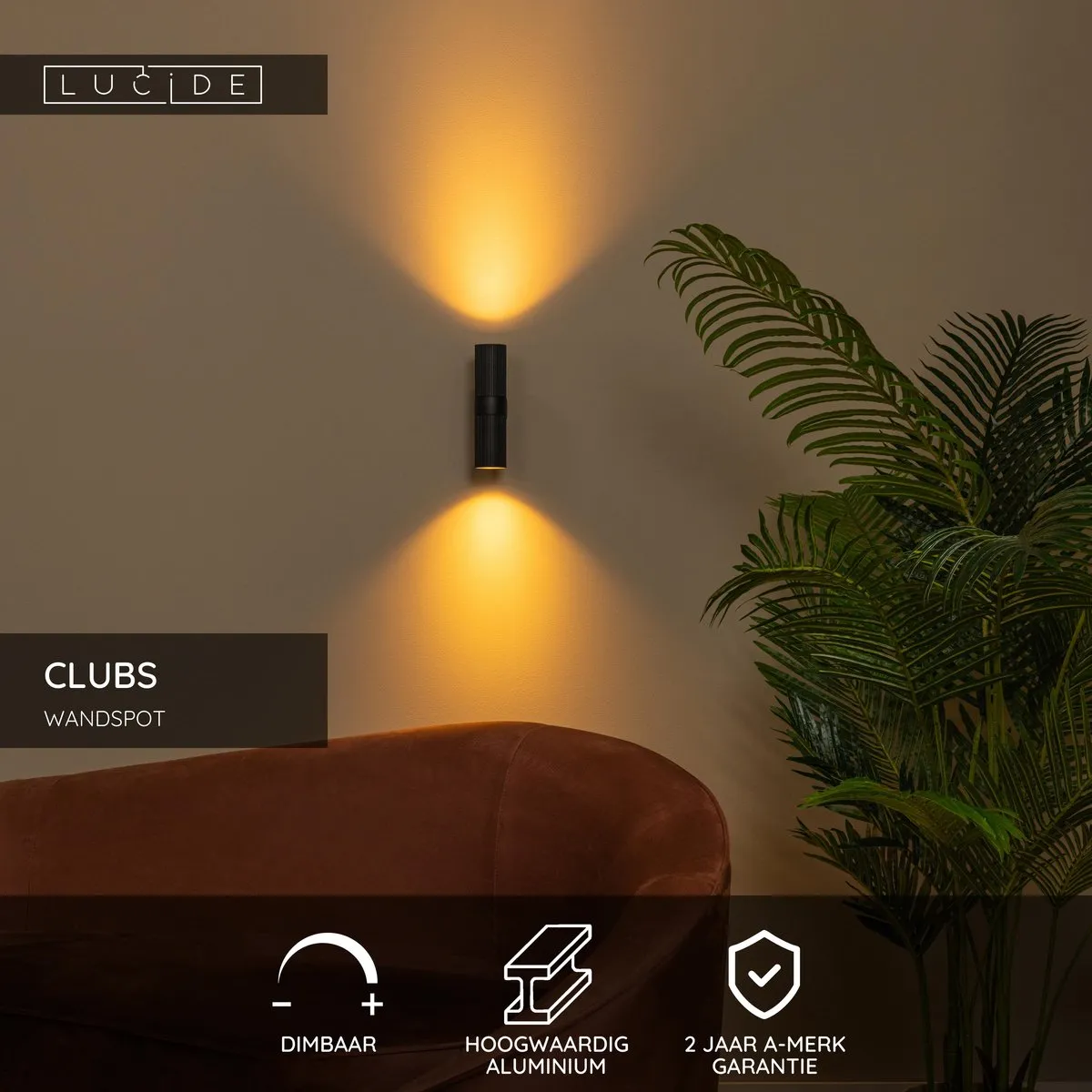 Lucide CLUBS Wandspot 2xGU10 - Zwart