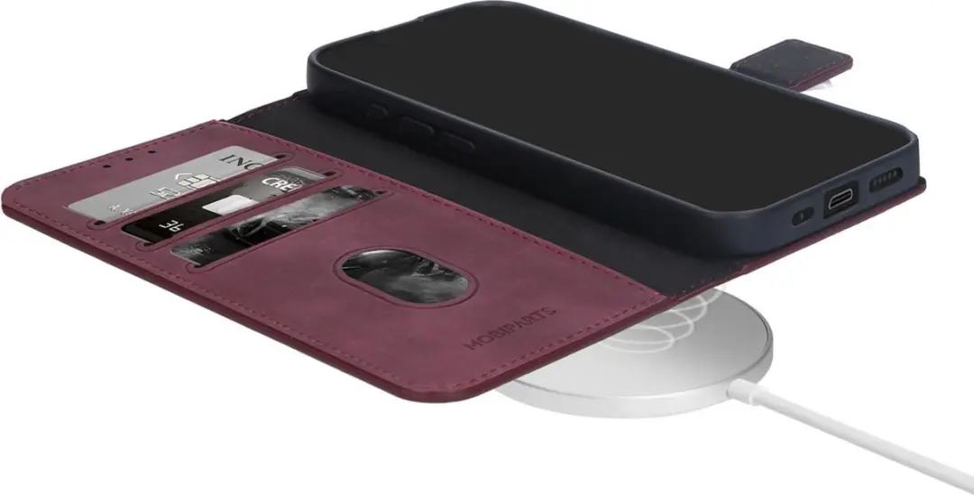 Mobiparts MP-128070 Hoesje iPhone 16 Pro Max - Wallet - Eco Leer - Magneet - Paars/Rood