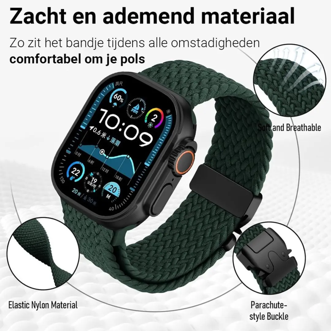 MobiQ Gevlochten Nylon Loop Bandje Apple Watch 45mm - Donkergroen