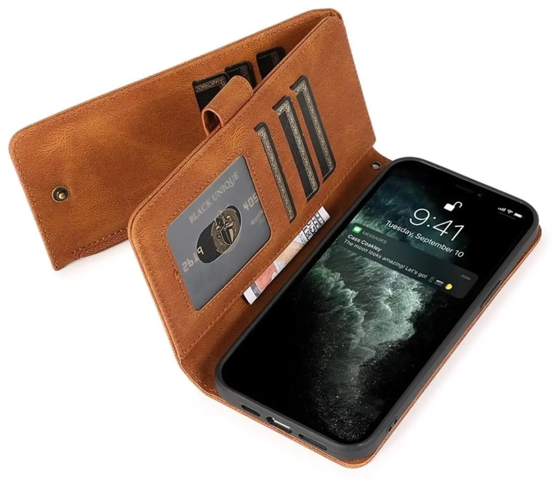 MobiQ Zacht Leren Wallet Hoesje iPhone 16 Pro - bruin