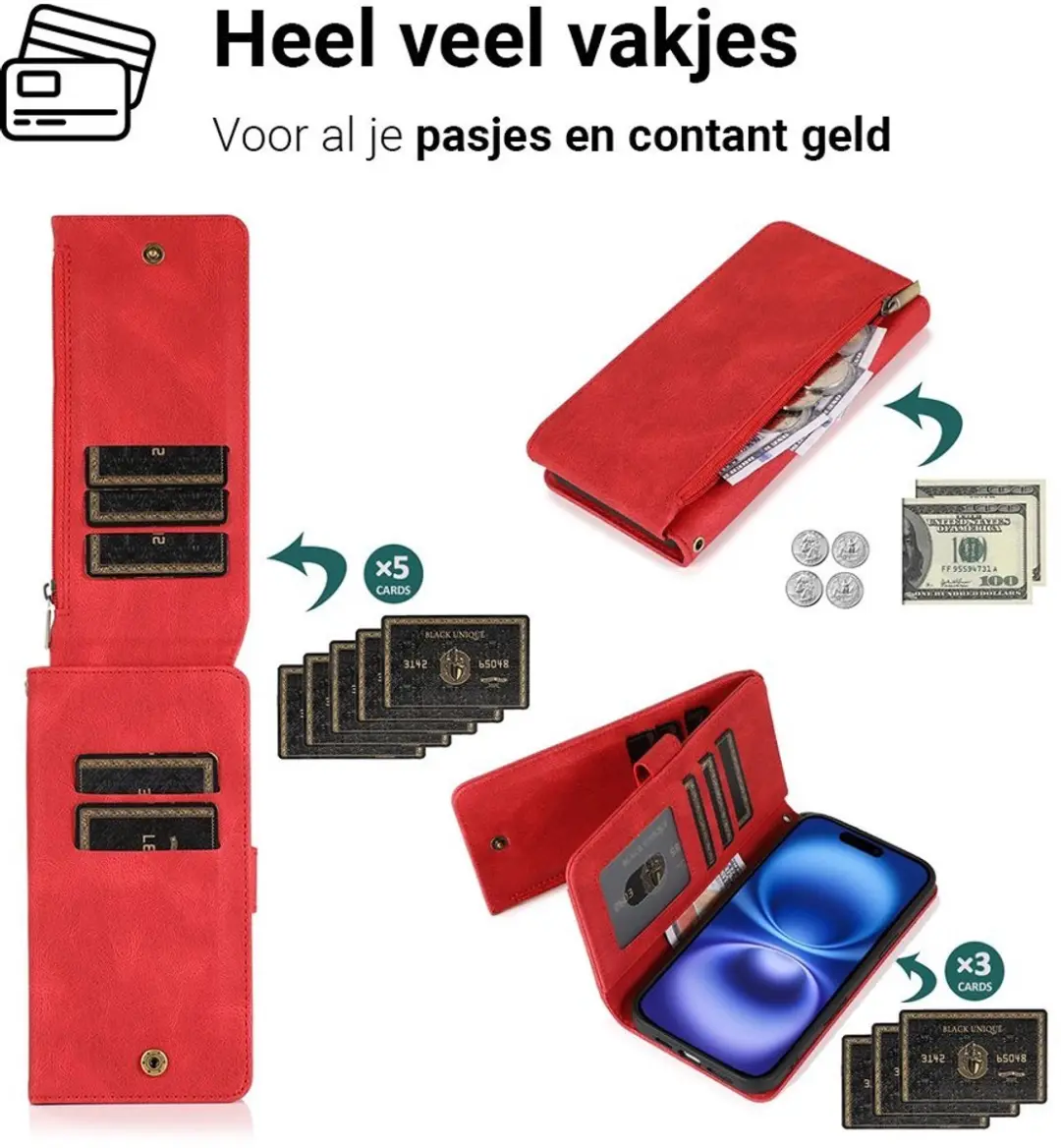 MobiQ Zacht Leren Wallet Hoesje iPhone 17 - Rood - MPN 46-01214