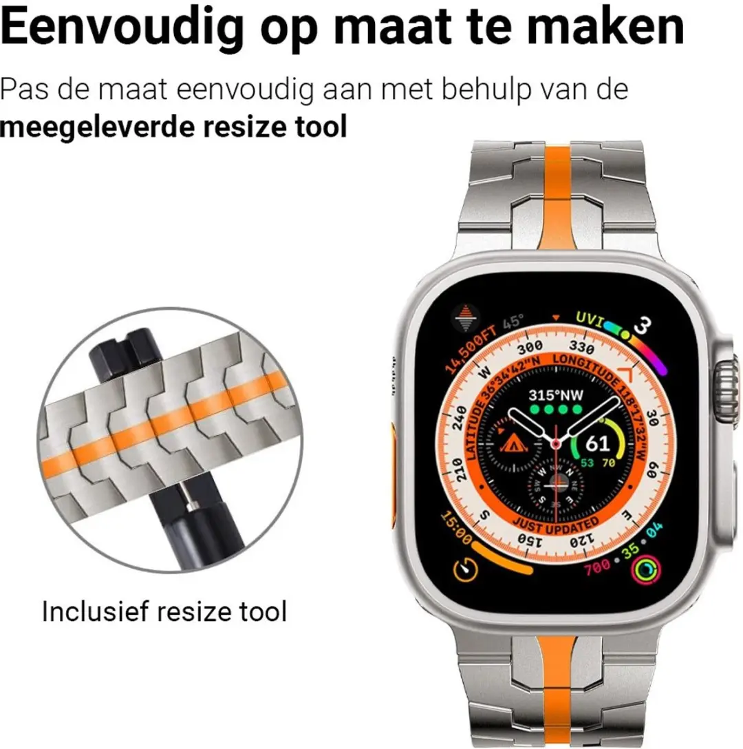 MobiQ Titanium Bandje Apple Watch 49mm - Zilver/Orange