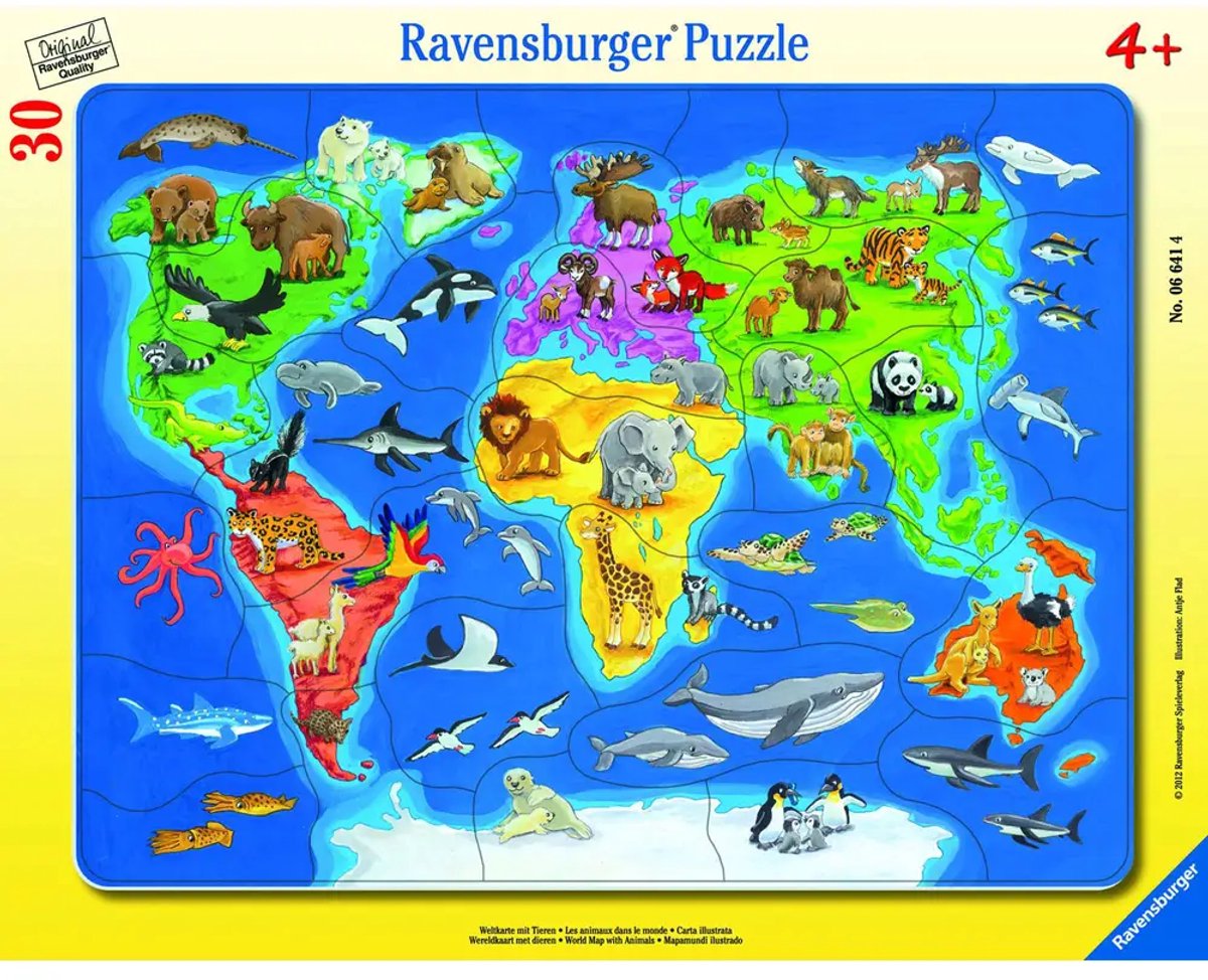 Ravensburger puzzel wereldkaart dieren - educatief kartonnen speelgoed.