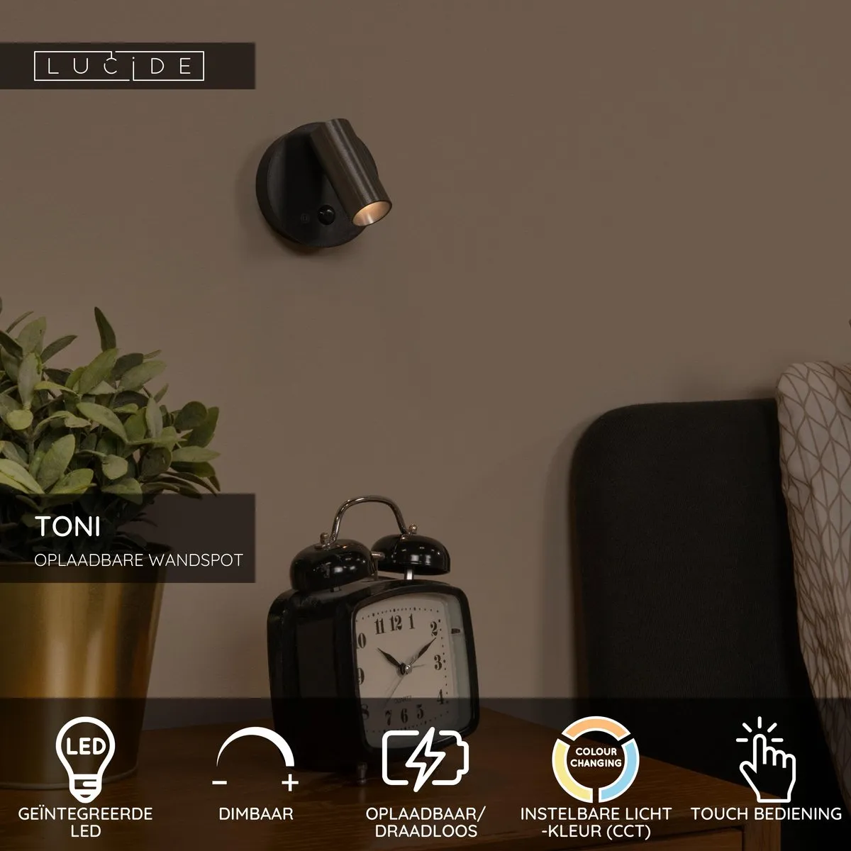 Lucide TONI Oplaadbare Wandspot - LED 2700K/4000K - Ø8,1cm - Koffie