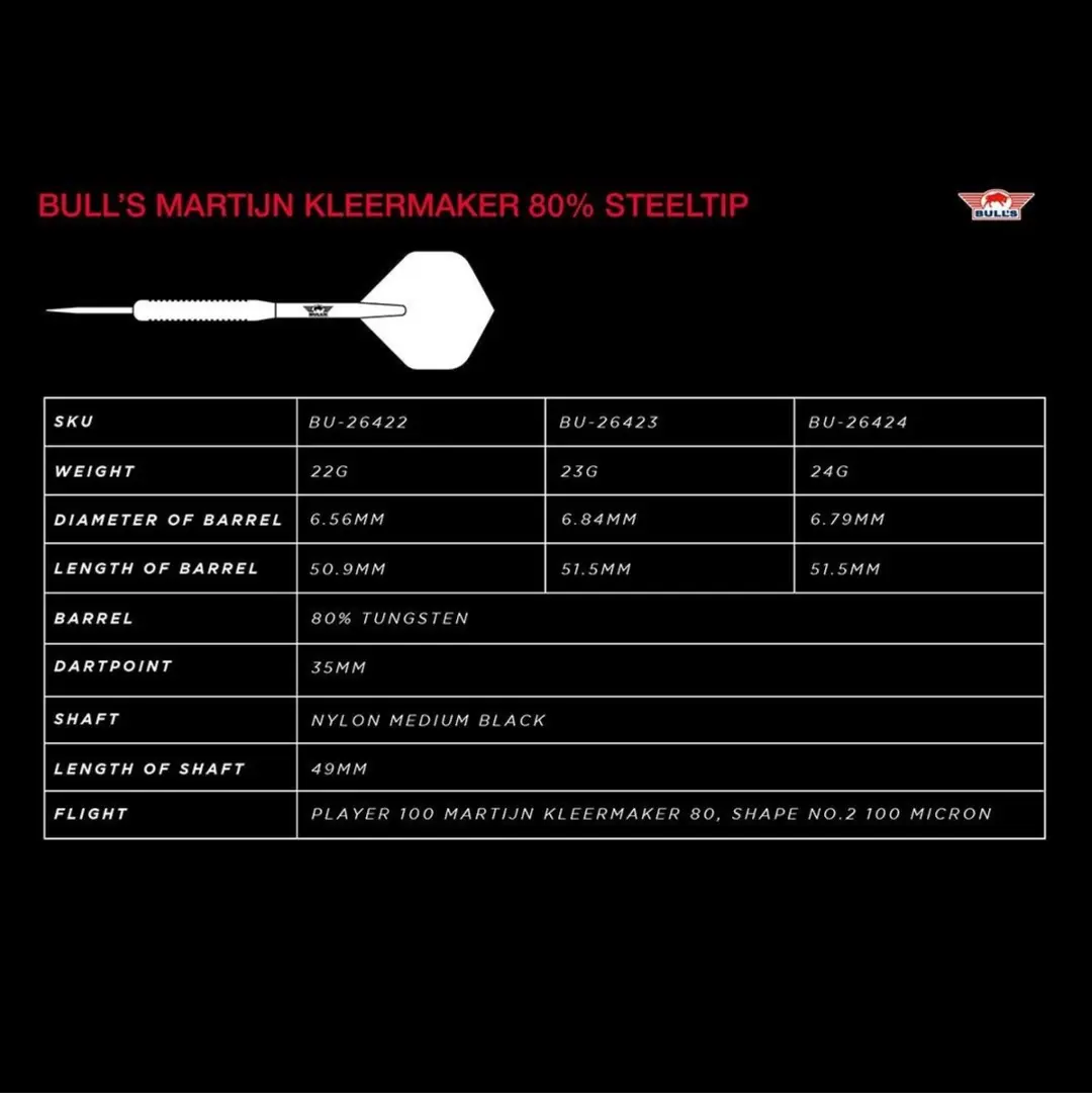 Bull's Martijn Kleermaker Dartpijlen 80% - 22g - Zilver - 3 Stuks