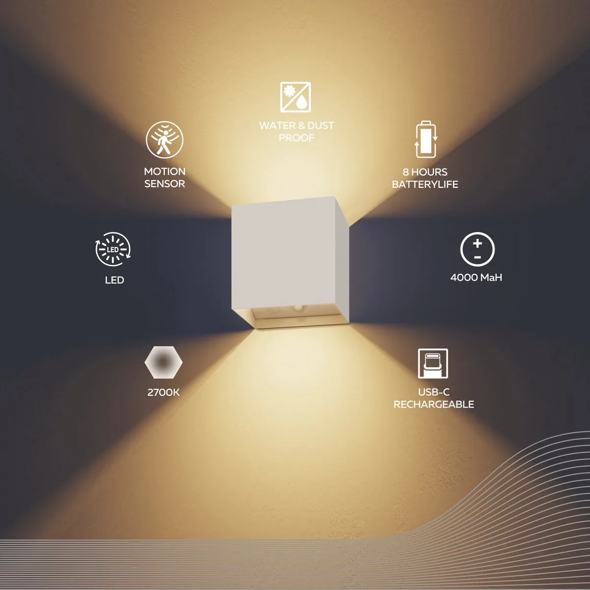 Calex Volterra Oplaadbare Wandlamp Kubus Wit - Oplaadbaar - Up & Down Tuinverlichting - Warm Wit Licht - Voor Binnen en Buiten - Waterdicht - Eenvoudige Installatie - Akku en Draadloos - Bewegingssensor