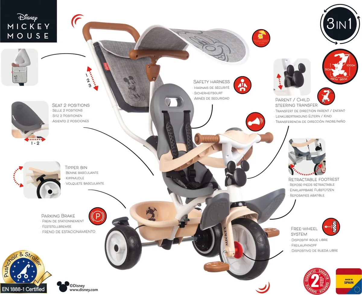Smoby Baby Balade Plus Mickey Driewieler - Zwart/Grijs