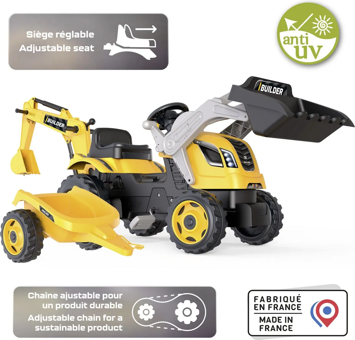 Smoby Builder Max Tractor met trailer - Geel