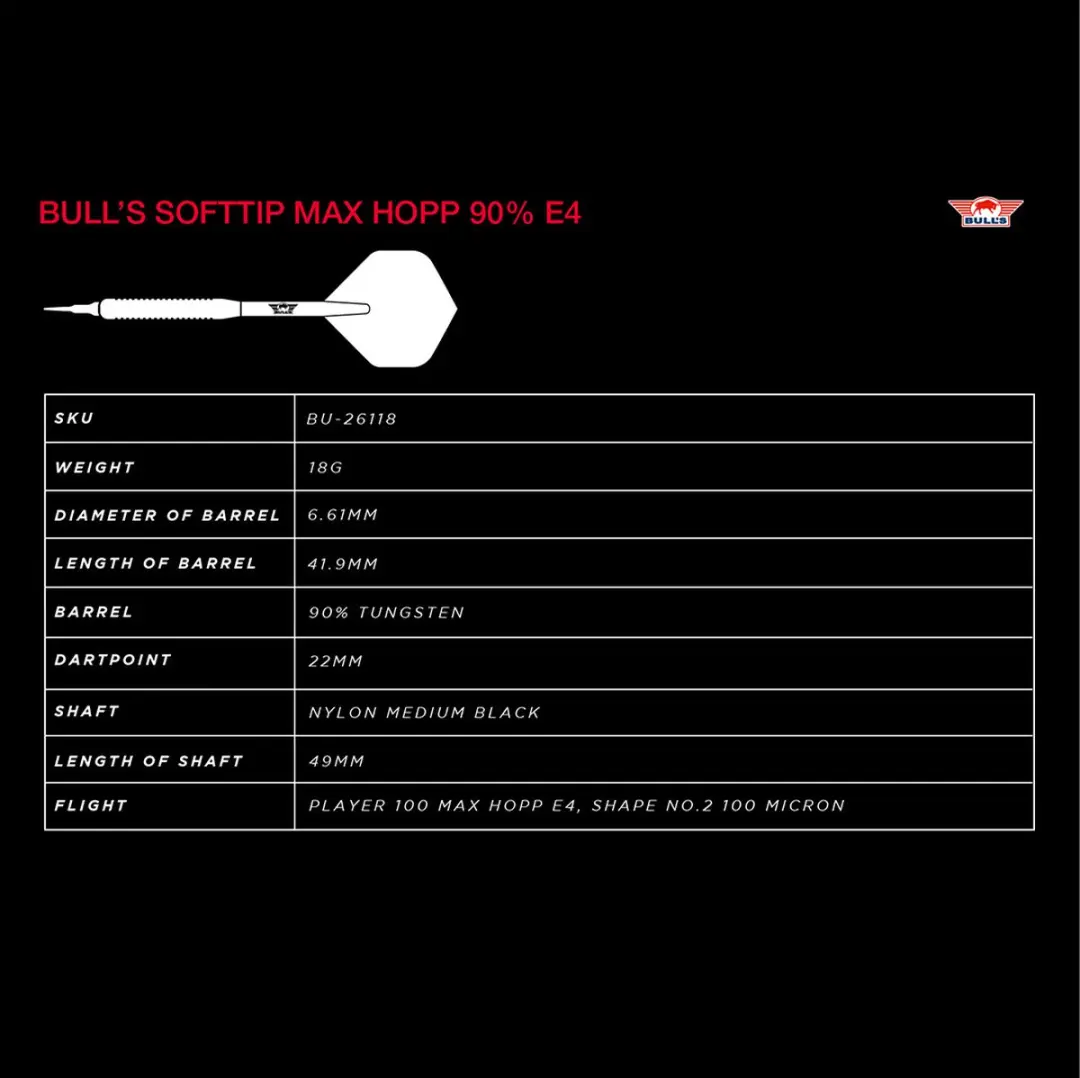 Bull's Max Hopp 90% Edition 4 18g Softtip Dartpijlen - 3 Stuks - Zilver