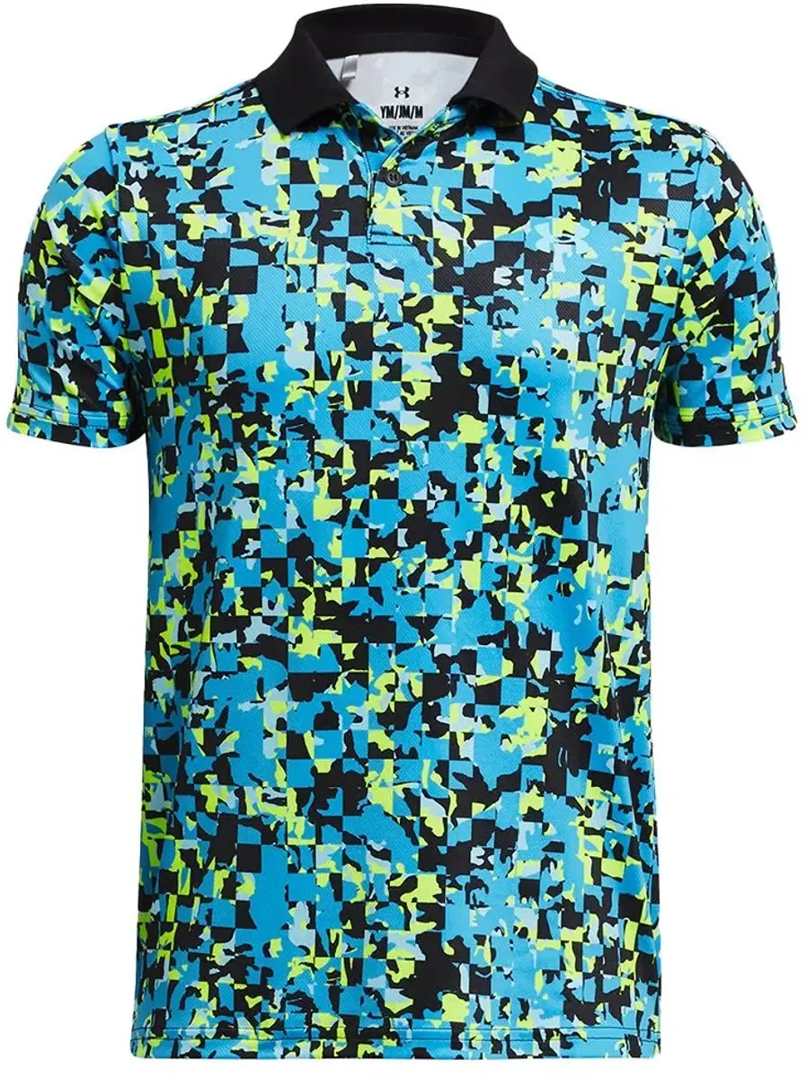 Under Armour Golf Performance Printed Junior Polo 1328471-972 - 14-16 Years - Capri/High Vis Yellow/Black