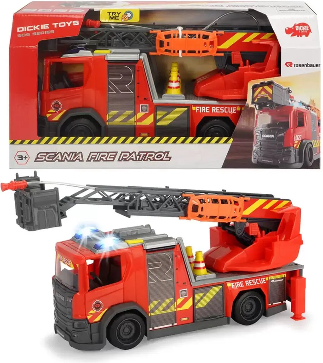 Dickie Toys Scania Brandweerwagen 35cm - Licht & Geluid - Rood/Zwart