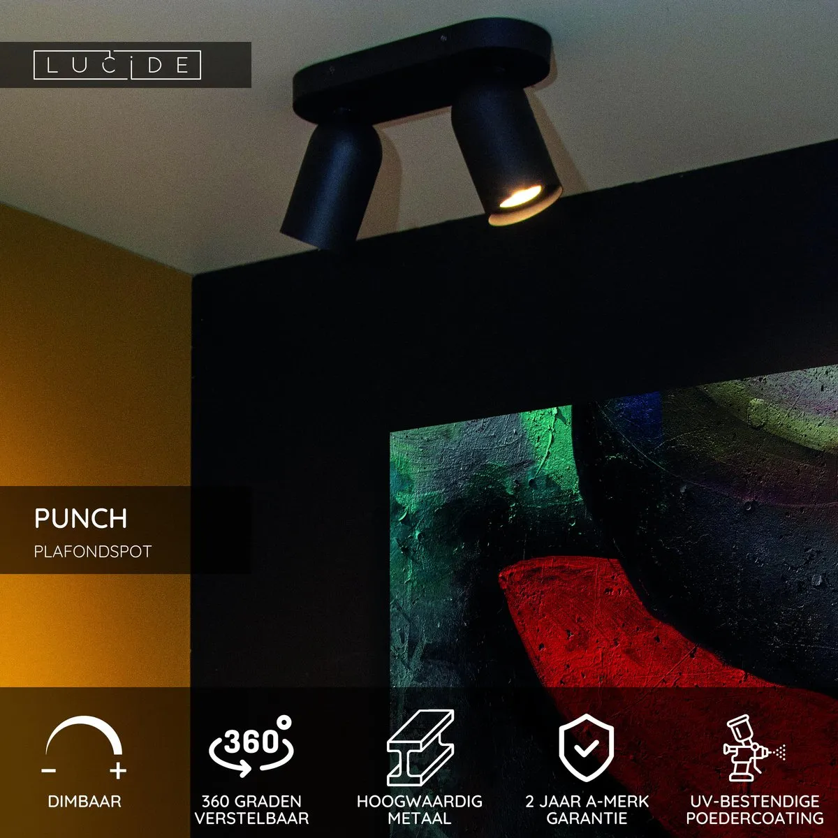 Lucide PUNCH Plafondspot 2xGU10 - Zwart