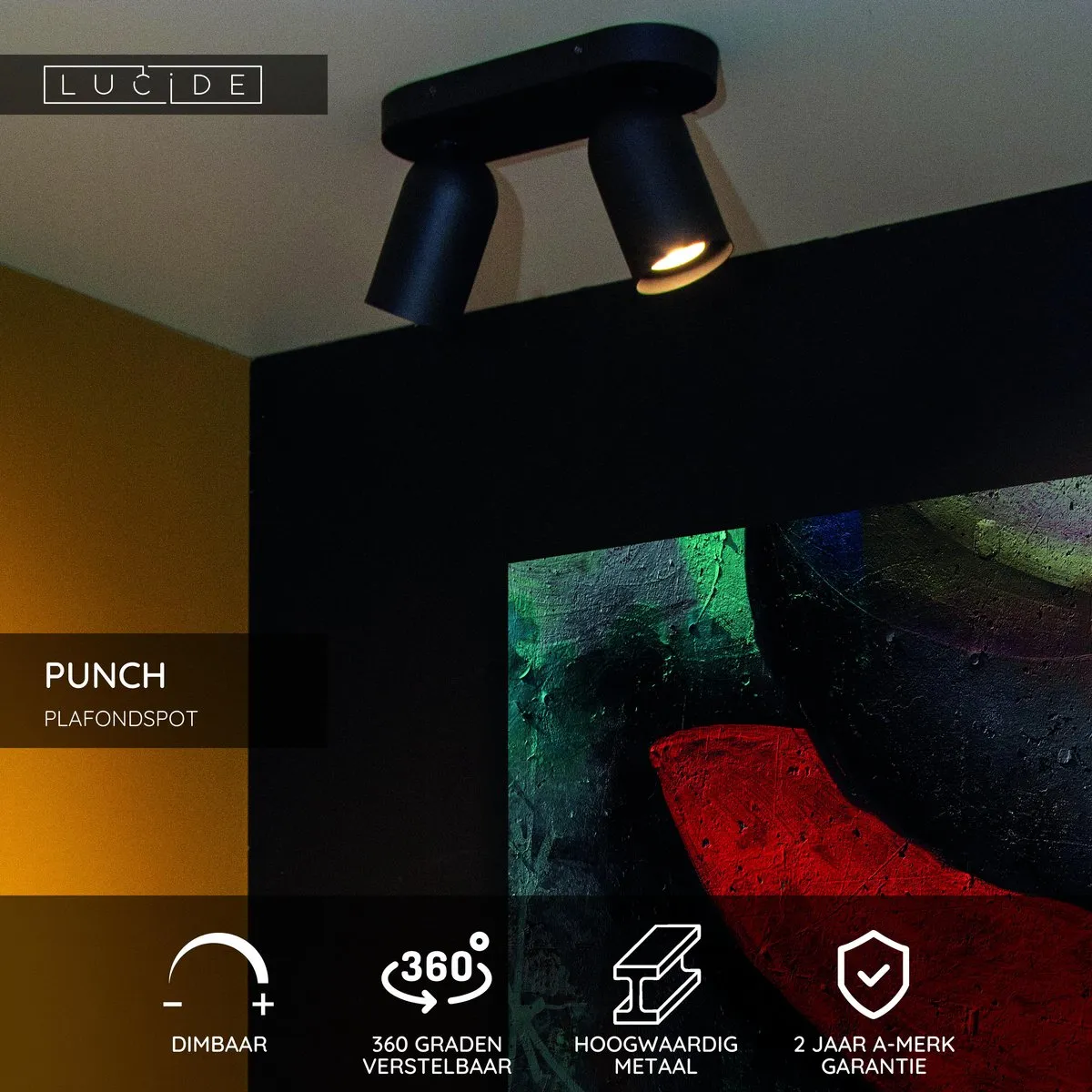 Lucide PUNCH Plafondspot 2xGU10 - Zwart
