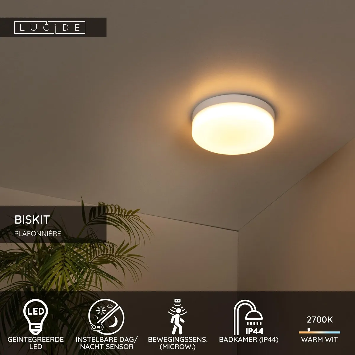Lucide BISKIT Plafondlamp Badkamer 1x12W 2700K - Ø23cm Wit