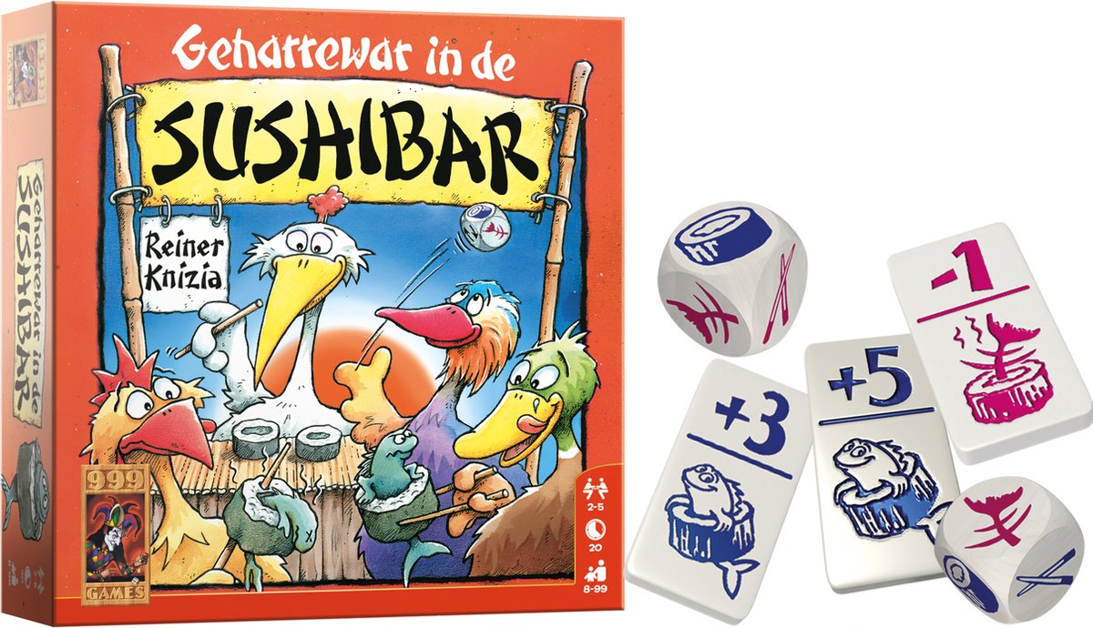999 Games - Geharrewar in de Sushibar - Dobbelspel - Snel dobbelspel voor het hele gezin - Gezelschapsspel - Familiespel - Klein cadeautje - bevat spelregels in NL en EN