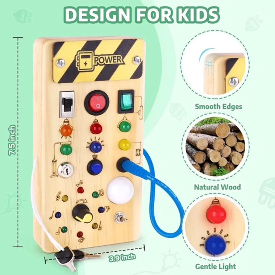 Montessori Busy Board met LED Lichtjes - Houten Activiteitenbord Multi colour - afbeelding 6 van 6