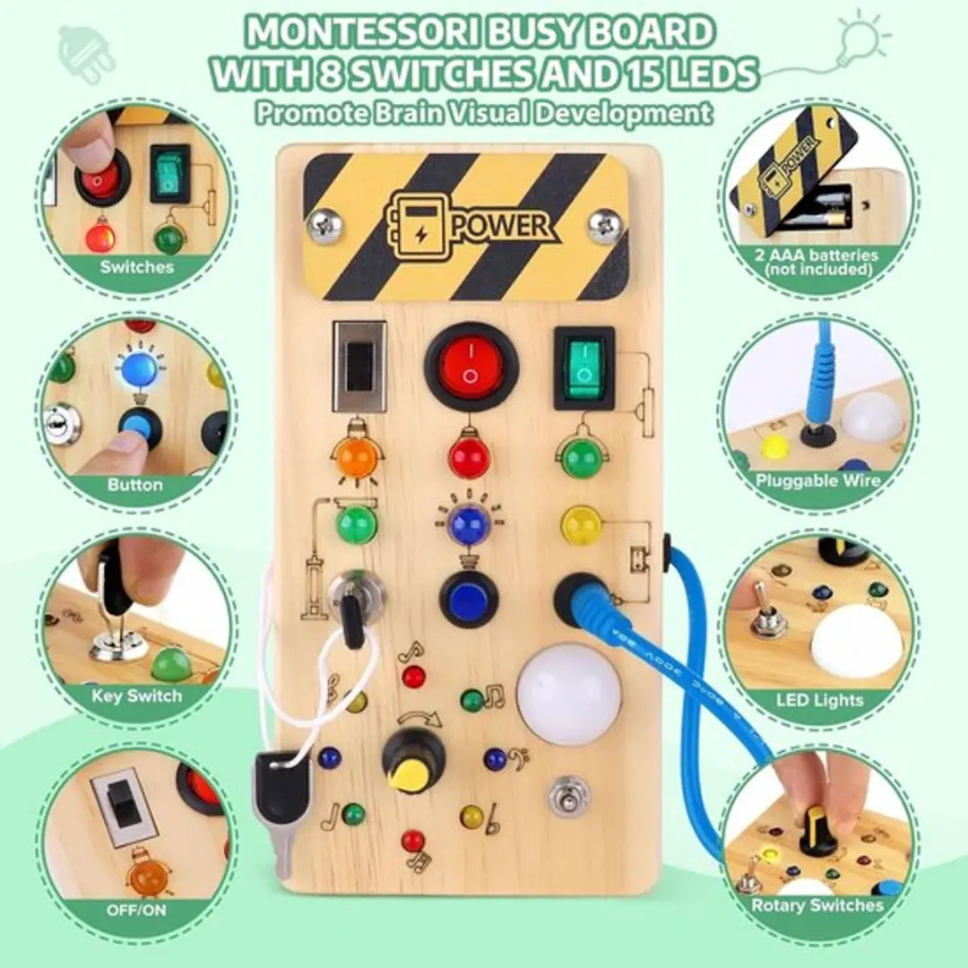 Montessori Busy Board met LED Lichtjes - Houten Activiteitenbord Multi colour