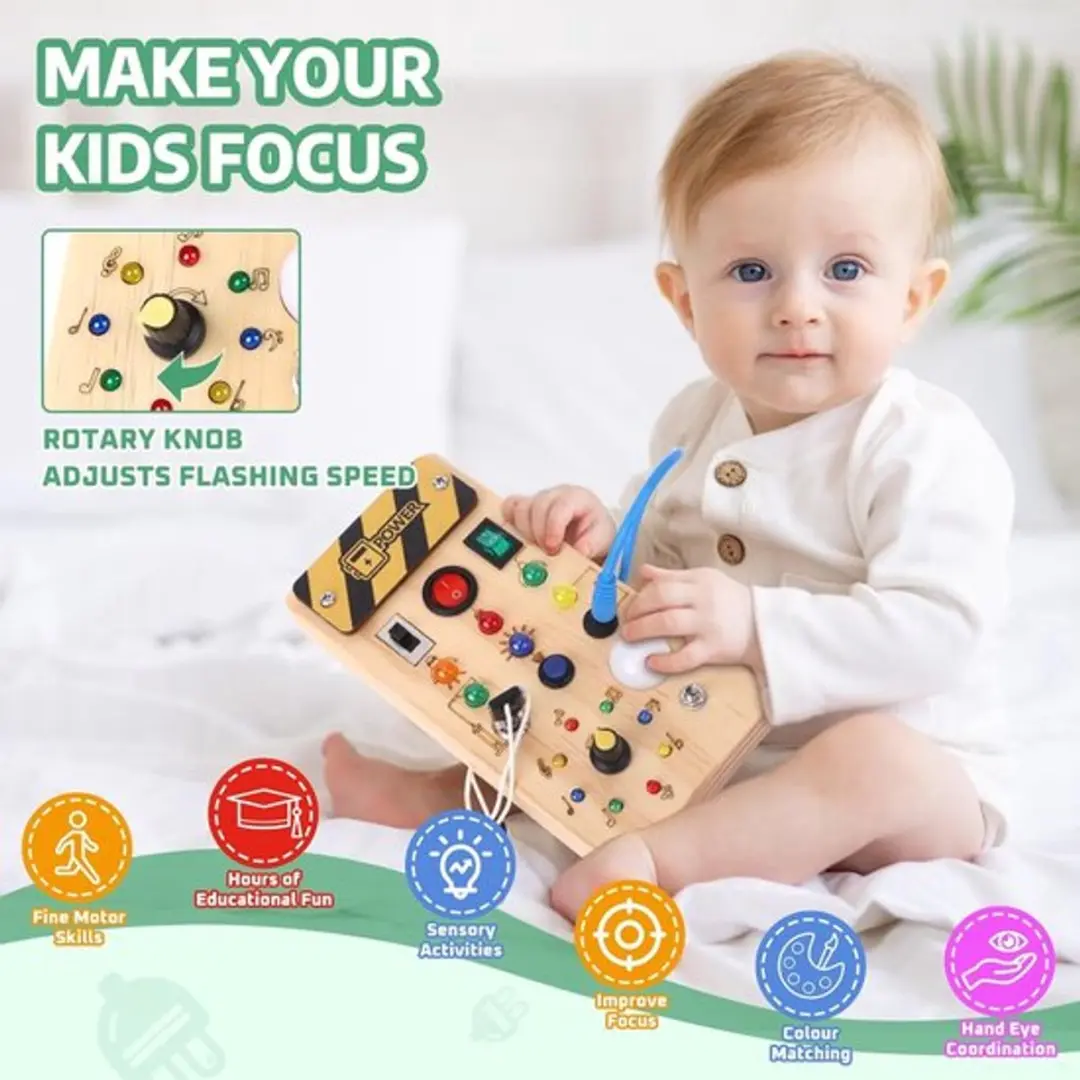 Montessori Busy Board met LED Lichtjes - Houten Activiteitenbord Multi colour