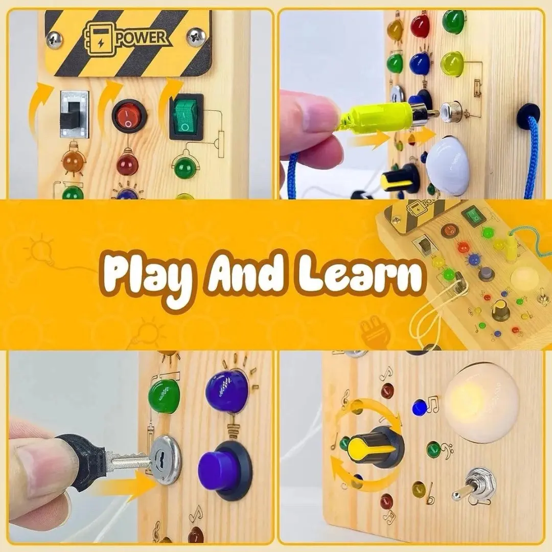 Montessori Busy Board met LED Lichtjes - Houten Activiteitenbord Multi colour