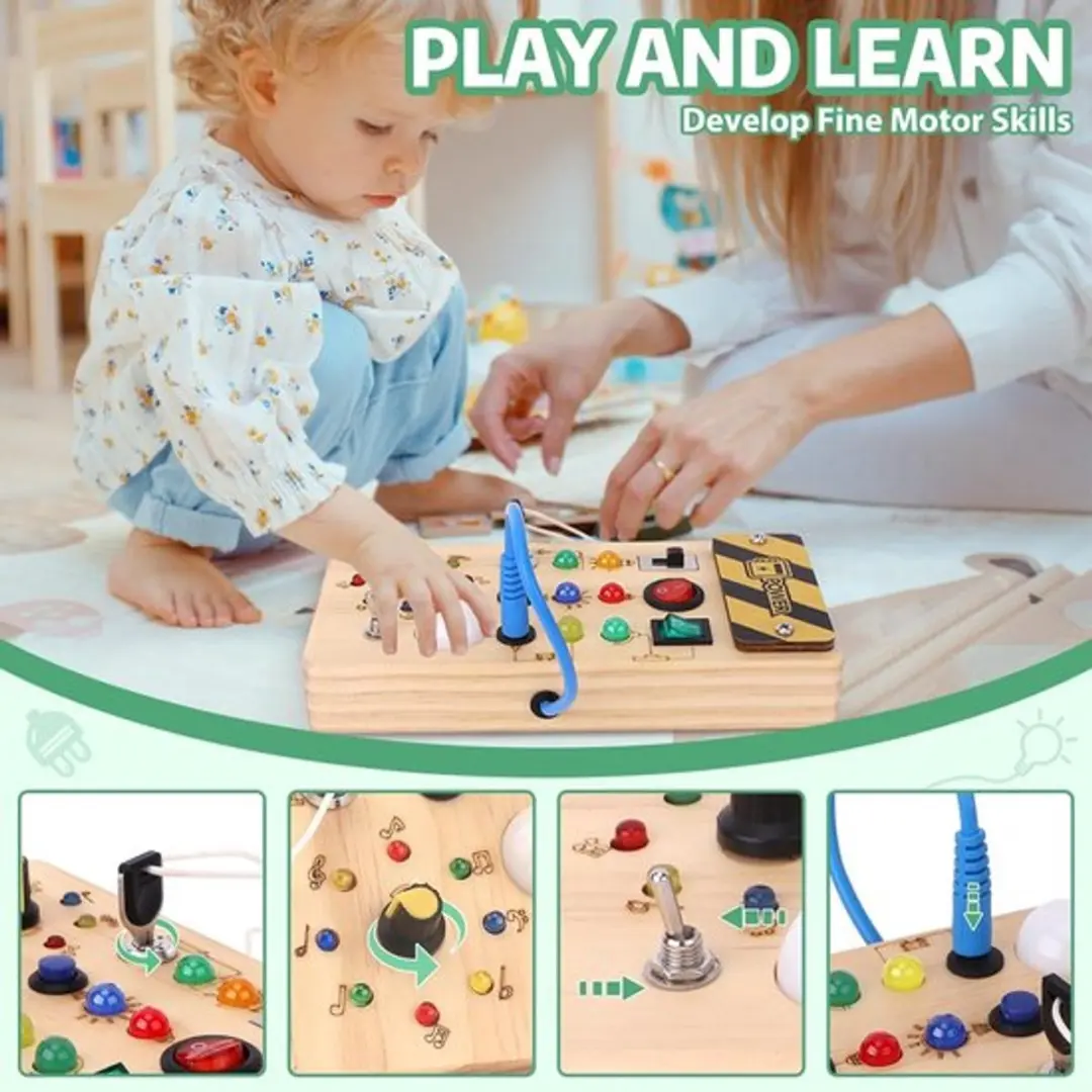 Montessori Busy Board met LED Lichtjes - Houten Activiteitenbord Multi colour
