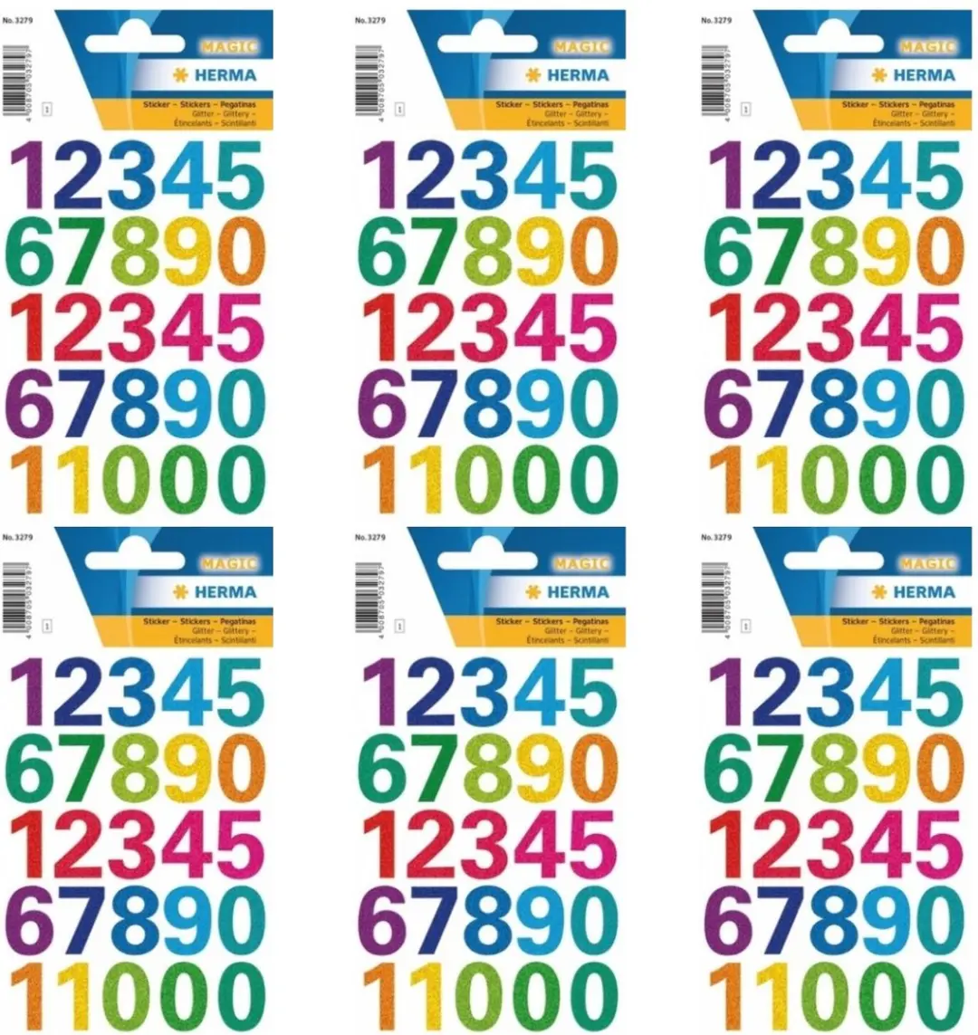 Herma Stickervel Glitter Cijfers 0-9 - 6 Vellen - 25mm - Multi