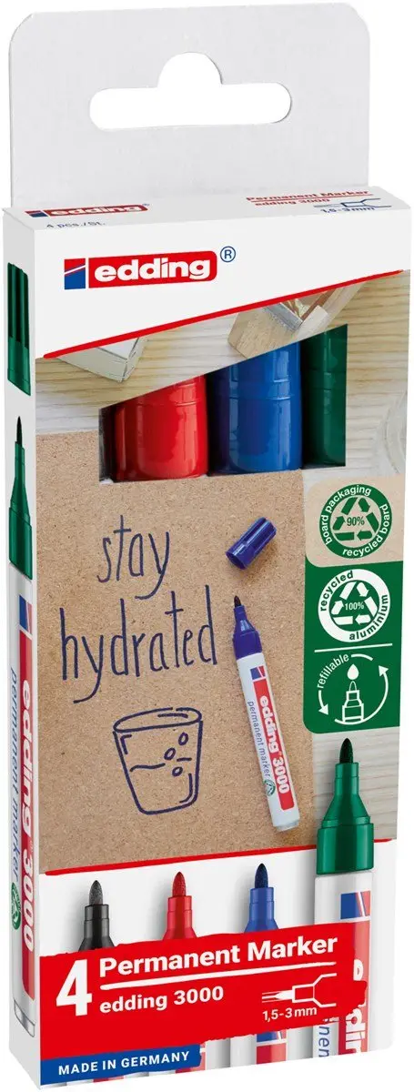 edding 3000 Permanent Markers - 4 Stuks - Zwart/Rood/Blauw/Groen