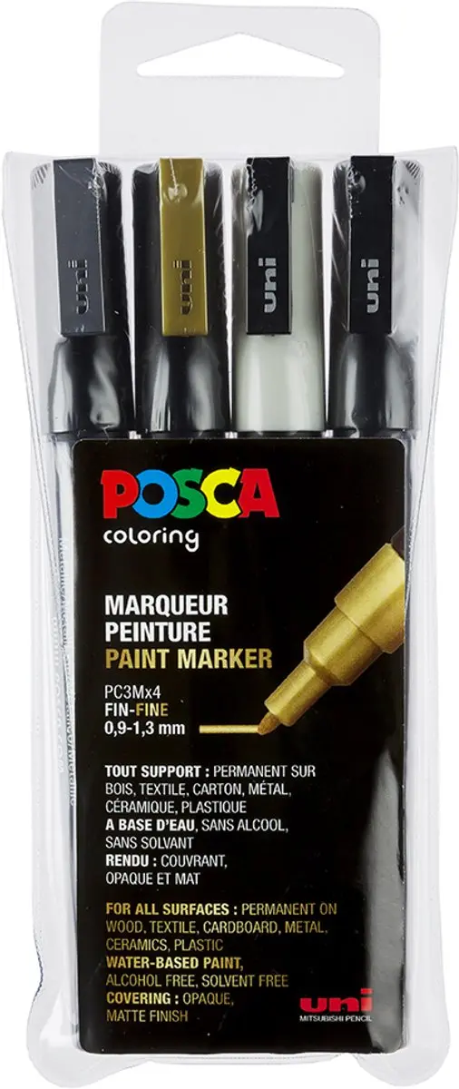Posca Uni PC-3M Paintmarker - 4 Stuks (Goud/Wit/Zilver/Zwart)
