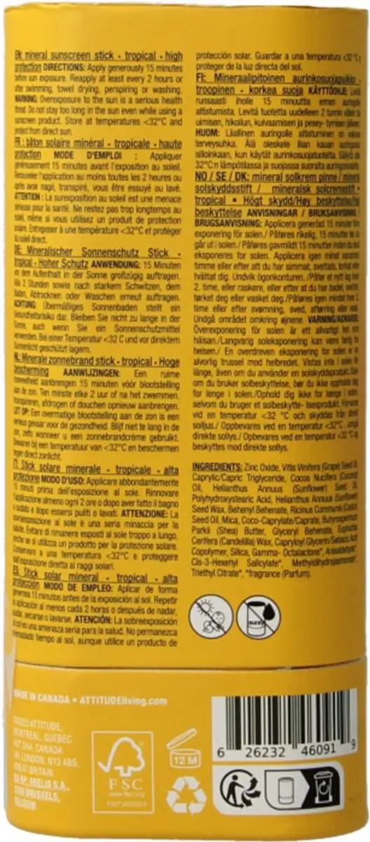 Attitude Sunly Zonnebrandstick SPF30 Tropisch 60ml