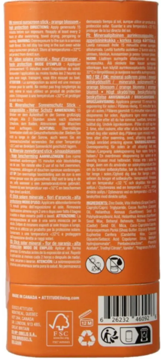 Attitude Sunly Zonnebrandstick SPF30 60g - Oranjebloesem