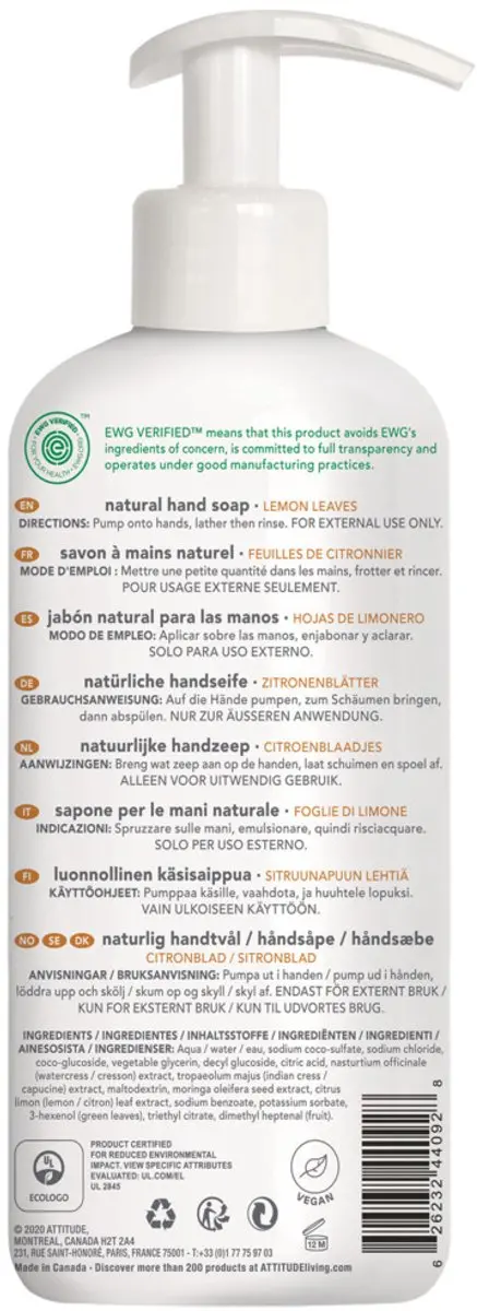 Attitude Natuurlijke Handzeep Lemon Leaves 473ml