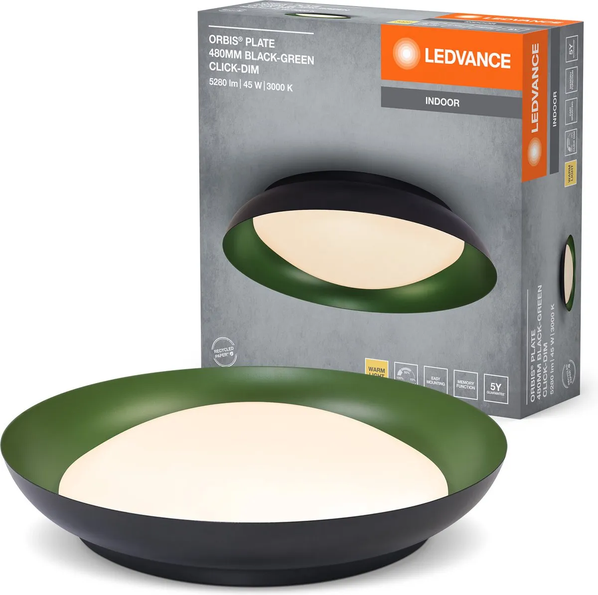 LEDVANCE Orbis Plate LED Plafondlamp 45W 2200lm - 480mm Zwart-Groen
