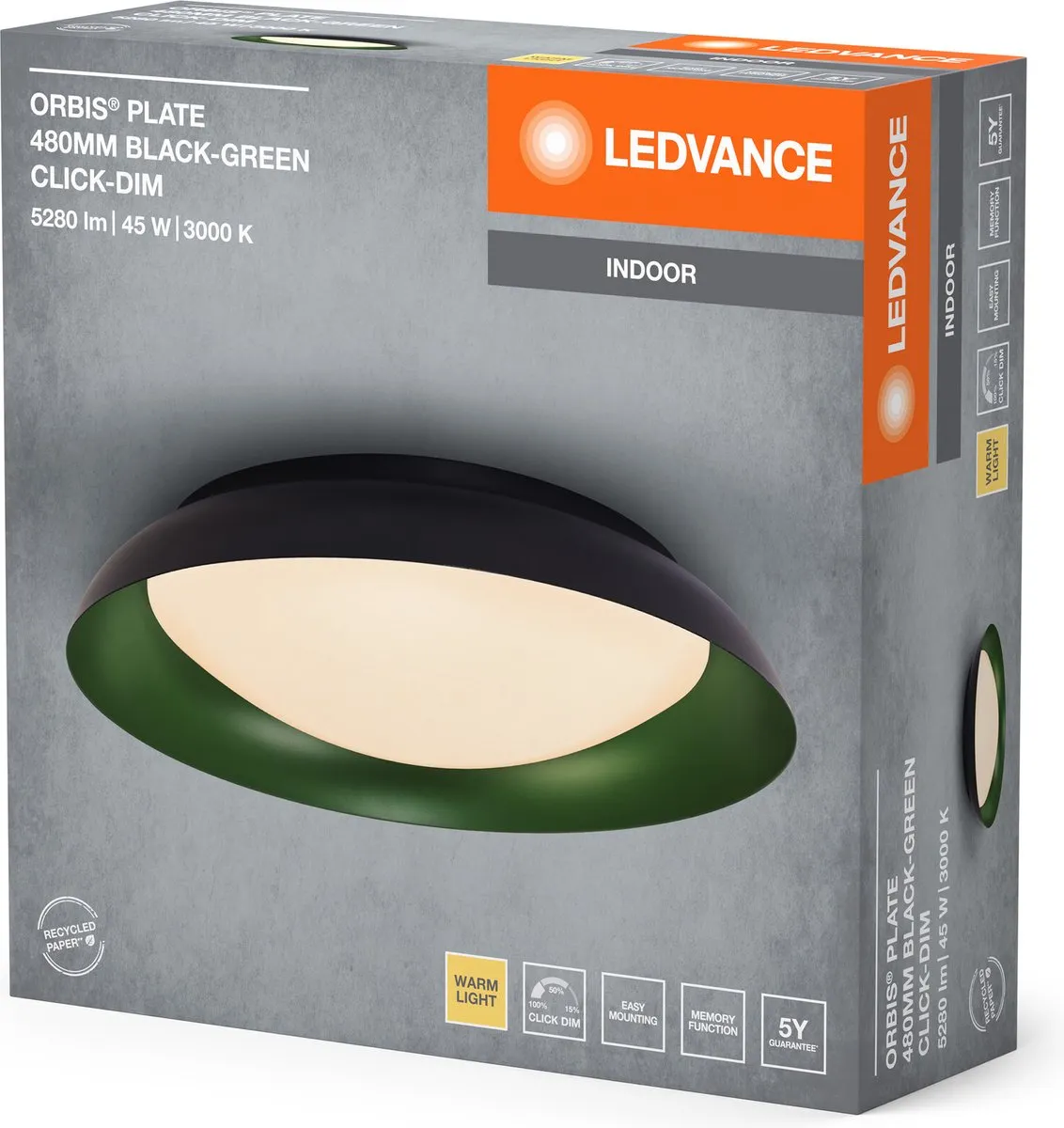LEDVANCE Orbis Plate LED Plafondlamp 45W 2200lm - 480mm Zwart-Groen