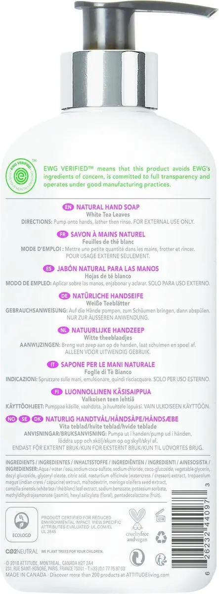 Attitude Natuurlijke Handzeep White Tea Leaves 473ml