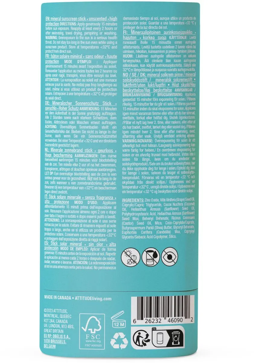 Attitude Sunly Zonnebrandstick SPF30 - 60g