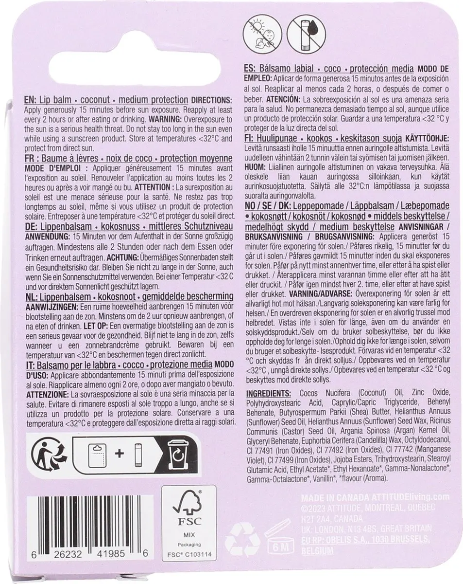 Attitude Sunly Lip Balm Coconut SPF 15 - 8.5g
