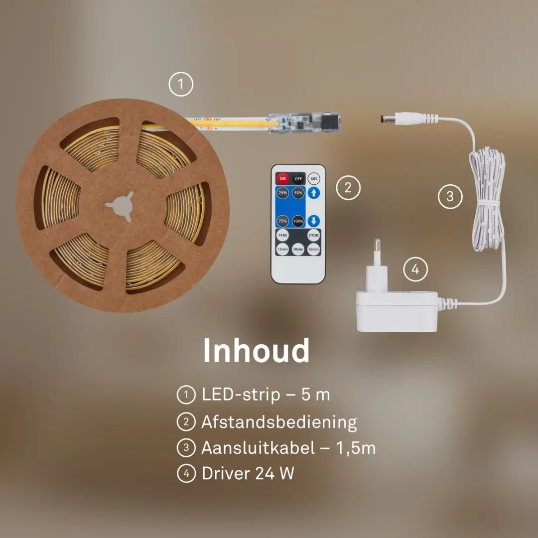 Briloner Cob LED Strip 5m - Warm Wit 3000K - Met Afstandsbediening