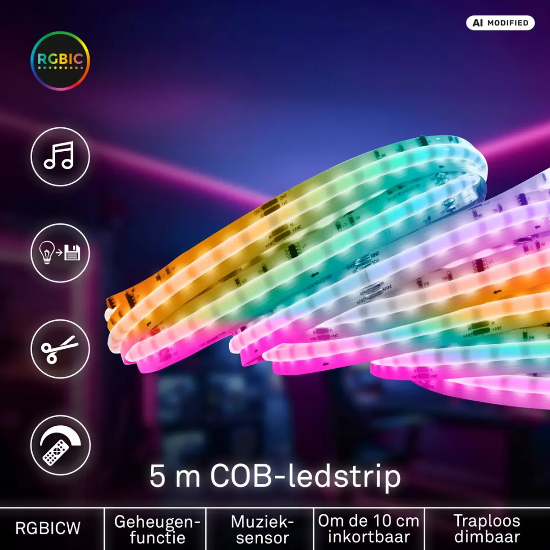 Briloner Cob LED Strip 5m - RGBICWW - 3000K - Wit