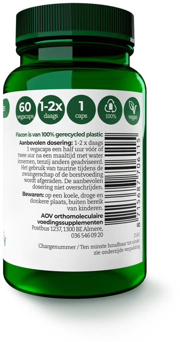AOV Taurine 500mg - 120 Vegacapsules (2x60)