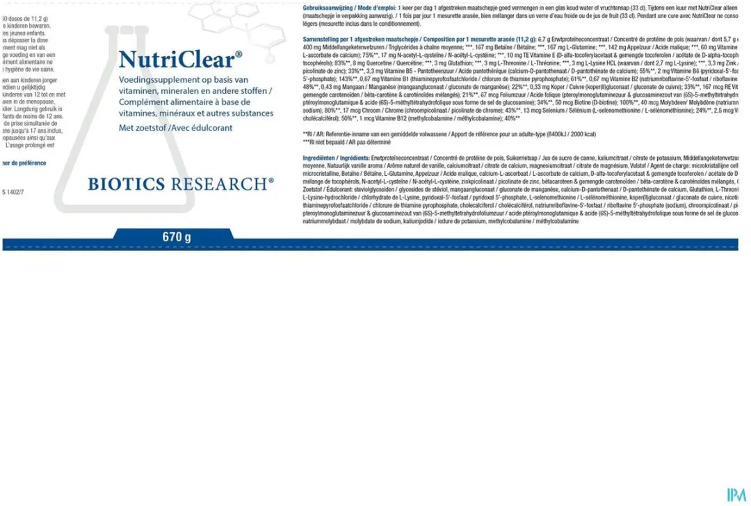 Biotics Nutriclear 670g Voedingssupplement