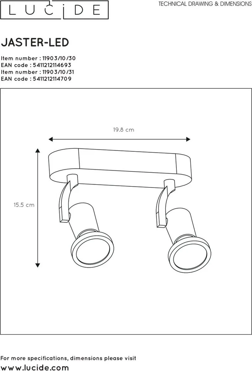 Lucide JASTER-LED Plafondspot GU10 2x5W 2700K - Wit
