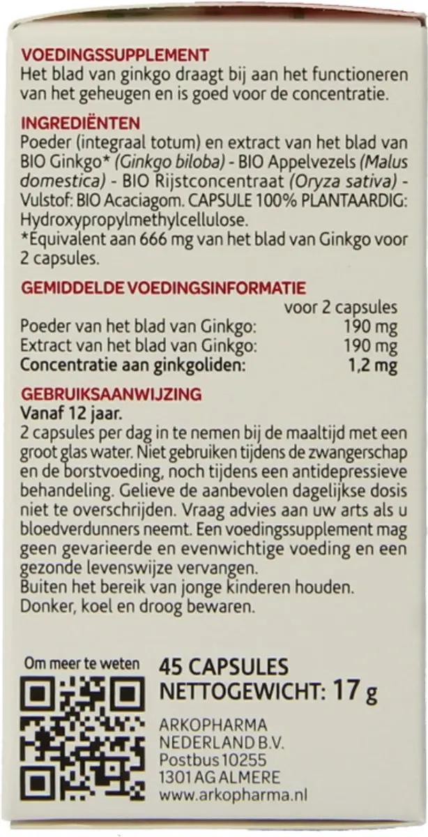 Arkopharma Ginkgo Arkocaps 45 Vegicaps
