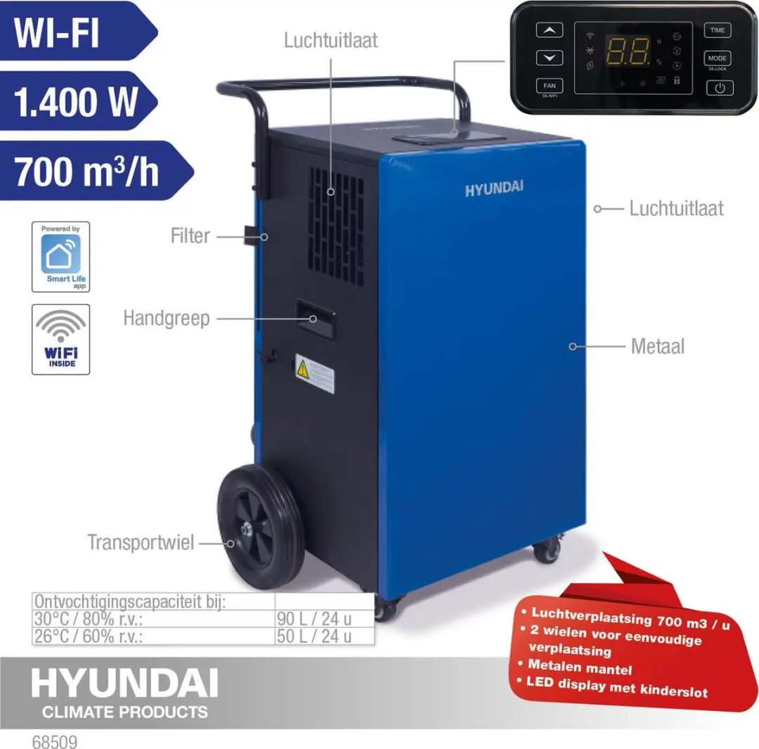 Hyundai Bouwdroger 68509 - 90L/Dag - WIFI - 180m² - ZilverBlauwZwart