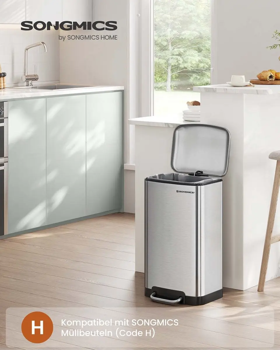 Songmics Nancy Prullenbak 30L - Roestvrijstaal Zilver/Zwart