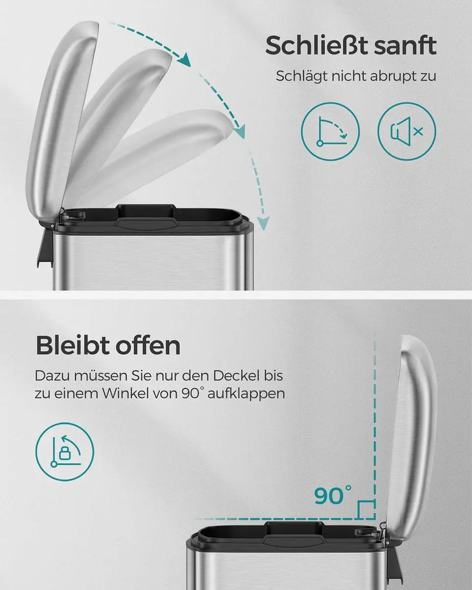 Songmics Nancy Prullenbak 30L - Roestvrijstaal Zilver/Zwart