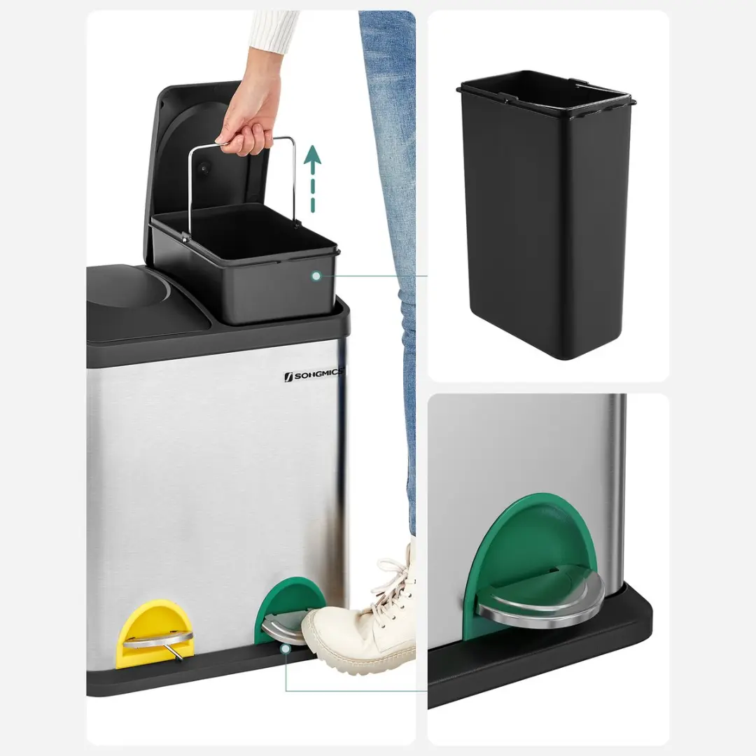 Songmics Nancy Prullenbak 30L - Pedaalemmer - 2x15L - Roestvrij Staal