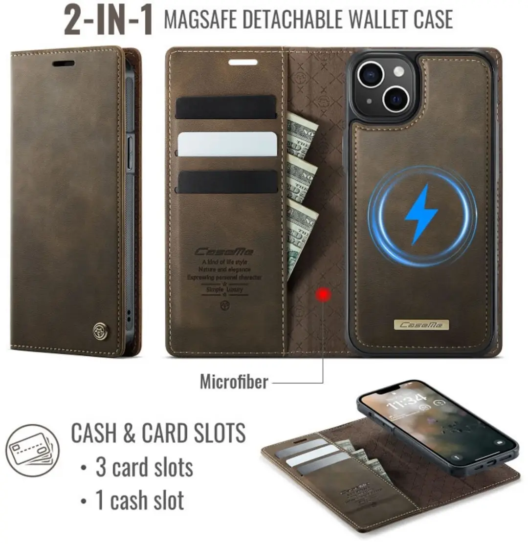 Caseme iPhone 14 Plus MagSafe Wallet Book - 3 Pasjes - Bruin