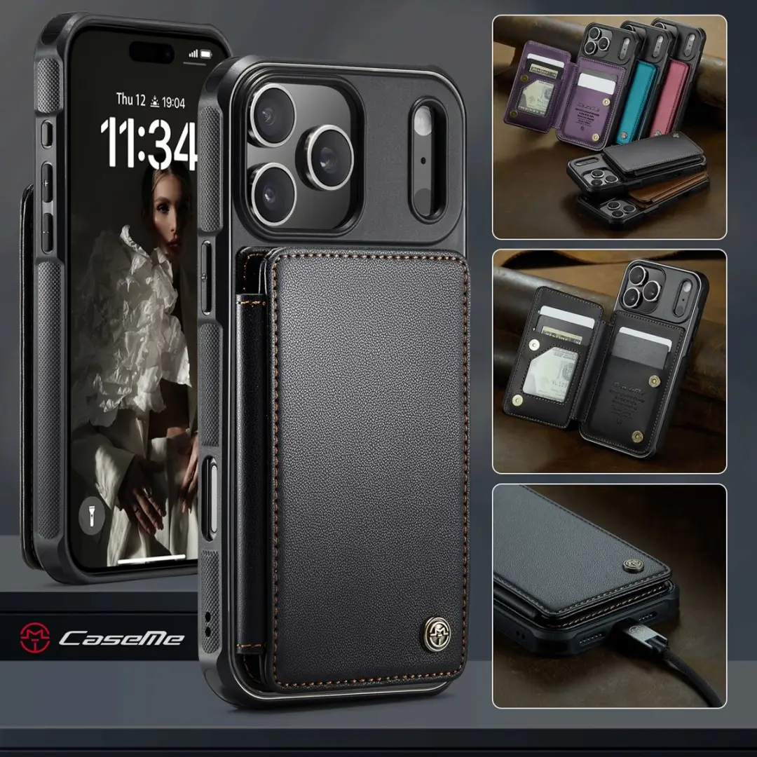 CaseMe iPhone 17 Pro Wallet Back Cover - PU Leer - 4 Pasjes - Zwart