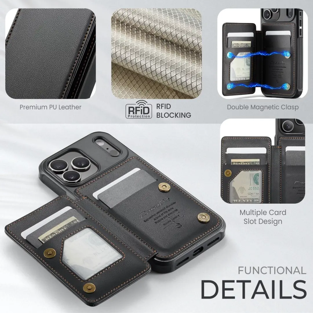 CaseMe iPhone 17 Pro Wallet Back Cover - PU Leer - 4 Pasjes - Zwart