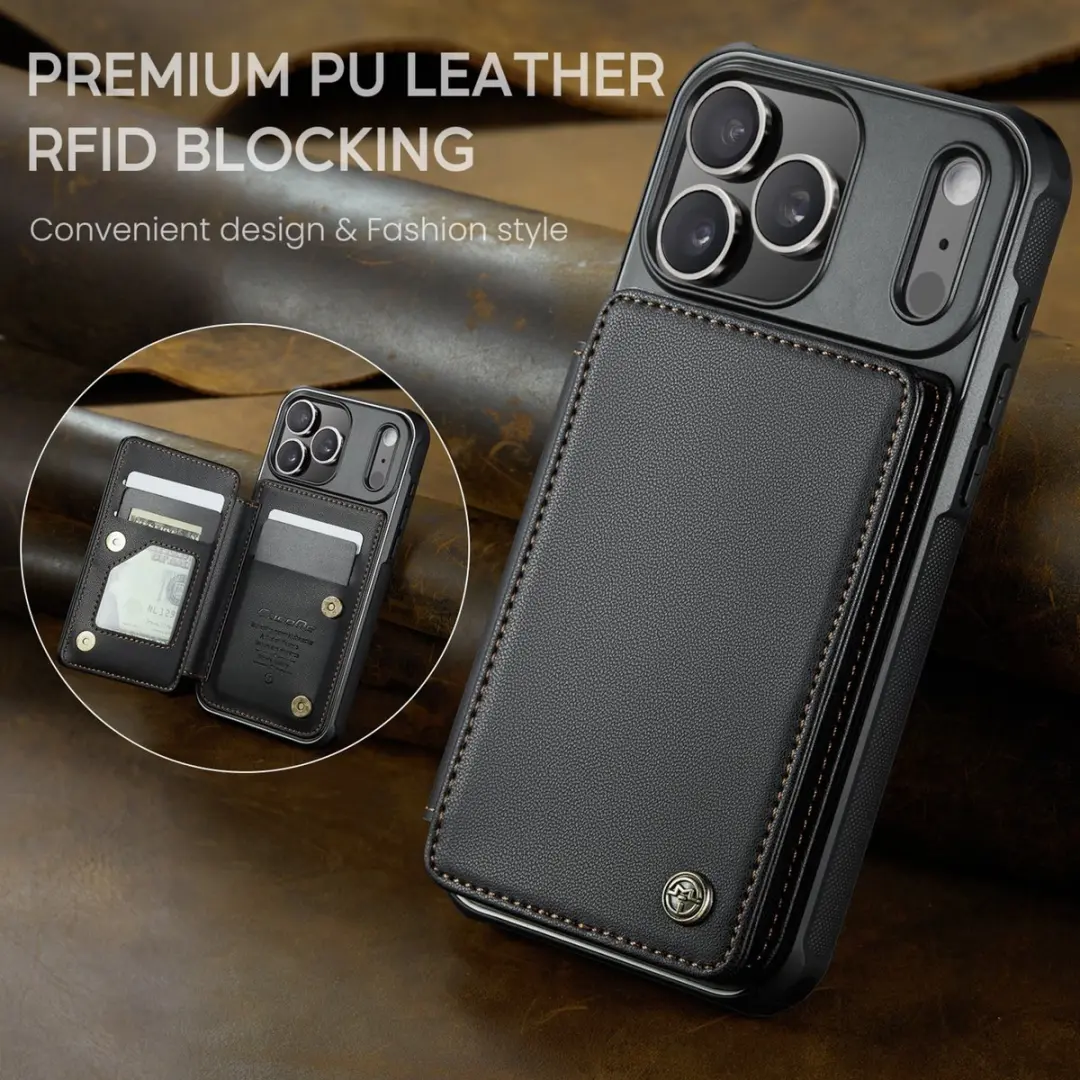 CaseMe iPhone 17 Pro Wallet Back Cover - PU Leer - 4 Pasjes - Zwart