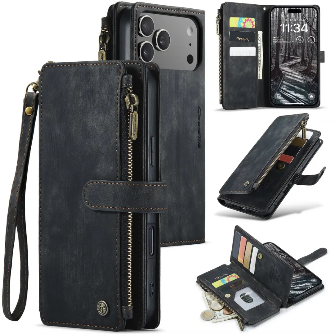 Caseme Wallet Rits Book Case iPhone 17 Pro Max - PU Leer - 10 Pasjes - Zwart